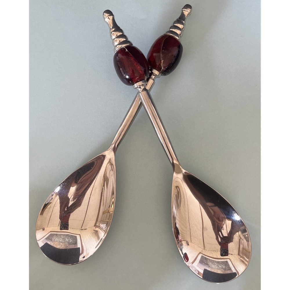 Pottery Barn Glass Bead Long 10" Stainless Serving‎ Spoons Set India